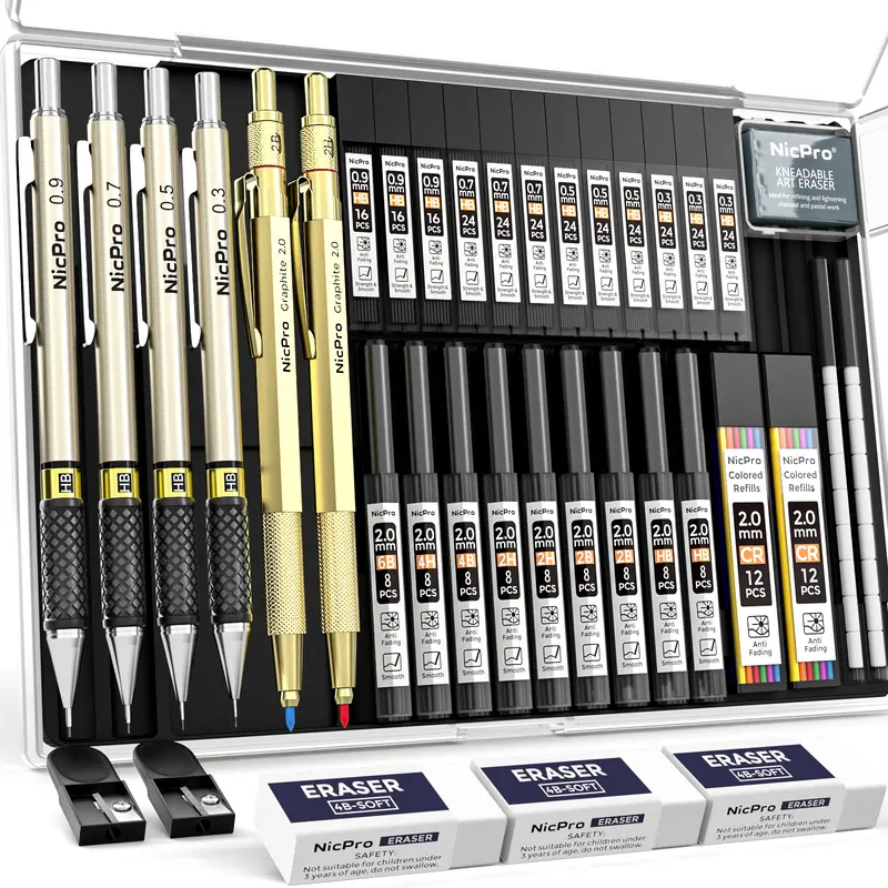 Nicpro 37PCS Gold Artist Drawing Pen Set - Refillable Art Set with Assorted Graphite Mechanical Pencils, 4 Metal Drafting Pencils (0.3/0.5/0.7/0.9mm), 2 2mm Lead Holders (6B/4B/2B/HB/2H/4H), 23 Tube Multiple Leads Refills for Sketching