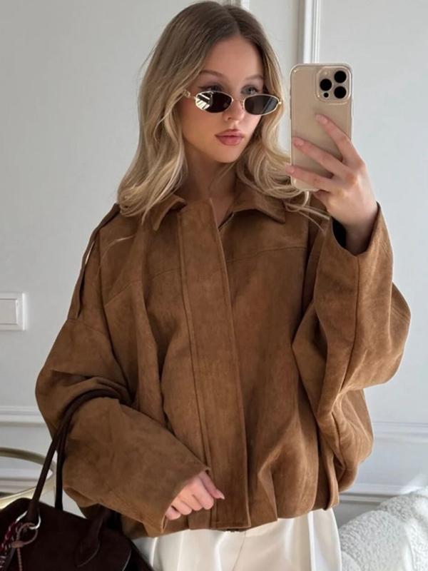 Women's Cropped Suede Jacket Demi-Season Bomber Jacket Female Outerwears Street Long Sleeve Oversized Black Brown Green Red Jacket Woman Fashion Zip Up Short Coat