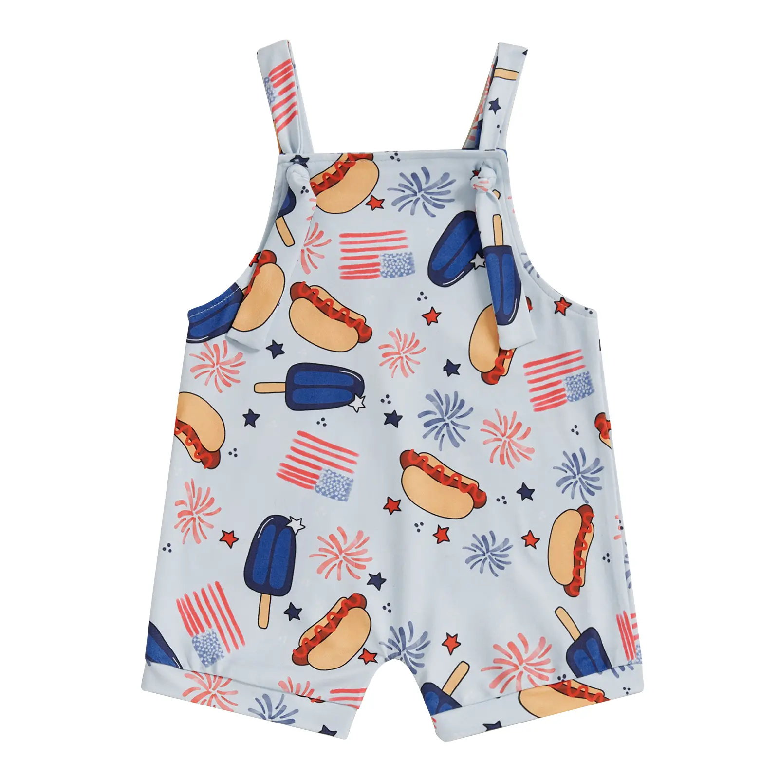 Saliuentm Baby Boy 4th of July 100% Polyester Sleeveless Romper - Round Neck Onesie Bodysuit with Flag Fireworks Print, Summer Overalls for Independence Day First Outfit