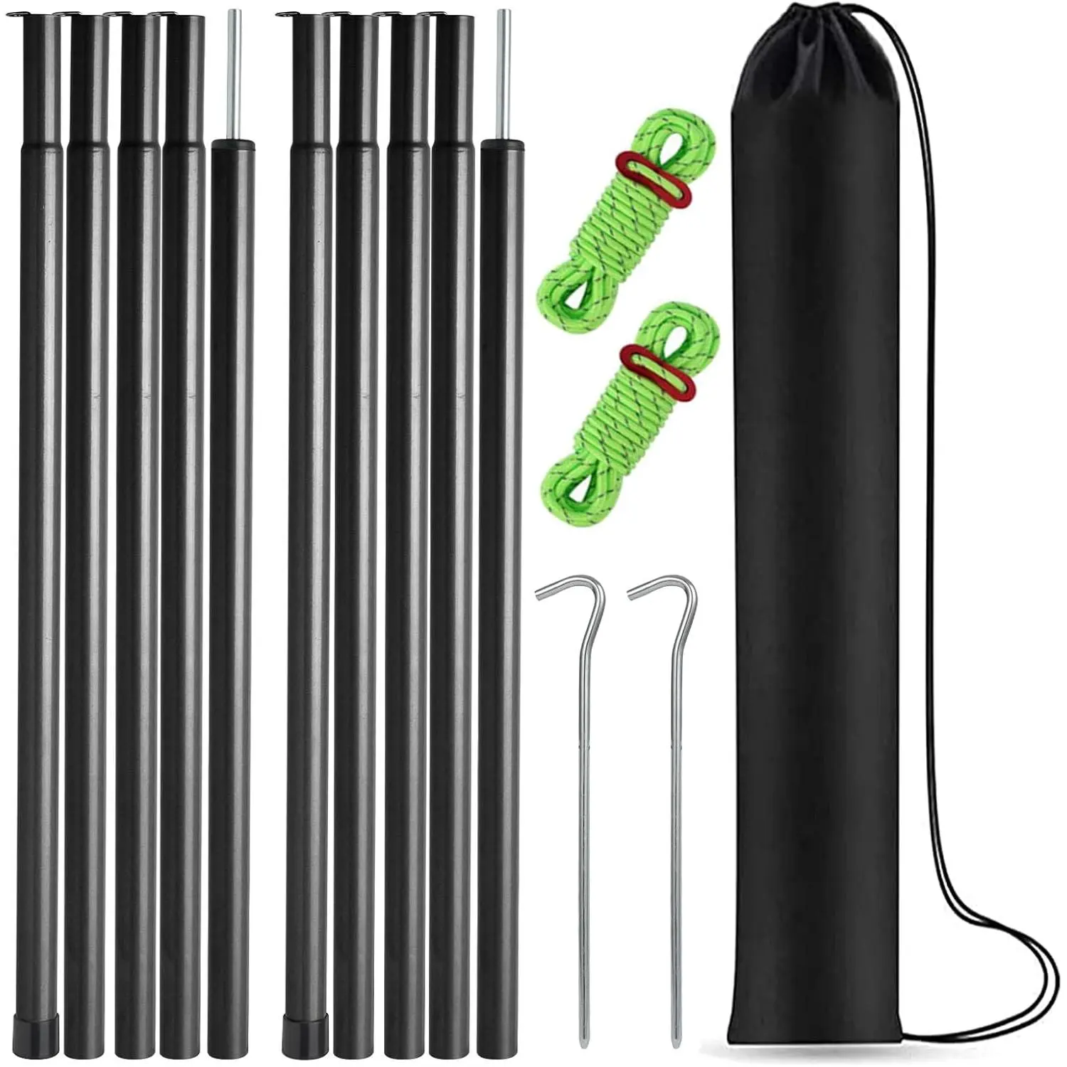 Adjustable Steel Tent Tarp Poles Replacement Rods 2 Pack for Camping Tarp Canopy, Comes with Pegs and Reflective Ropes for Outdoor Camping