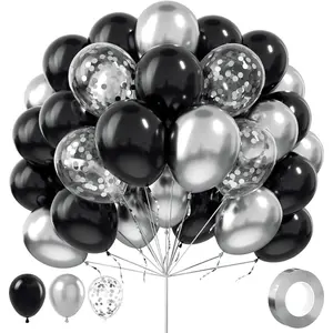 Black and Silver Balloons, 100Pcs 12inch Black and Metallic Silver Balloons Party Decorations with Confetti Balloon for Birthday Graduation New Years Wedding Engagement Prom Party Decorations
