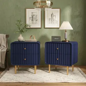 Modern 2-Pack Fluted Nightstand with Drawers, Gold Metal Handle MDF Bedside End Table, Multifunctional Wood Storage Side Table for Bedroom Living Room Home Decor