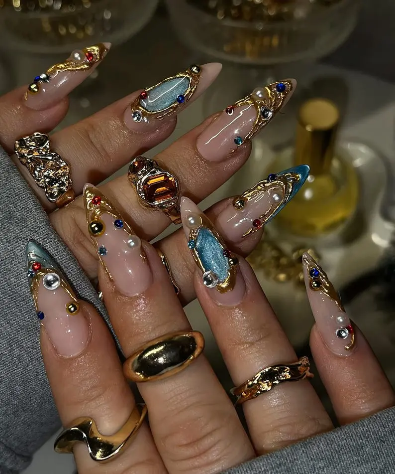 Luxury Gemstone Press On Nails, Sculpted Gold Frame Nails with Crystals, Pearl Embellished Long Stiletto Nails, Glam Blue Y2k Nails