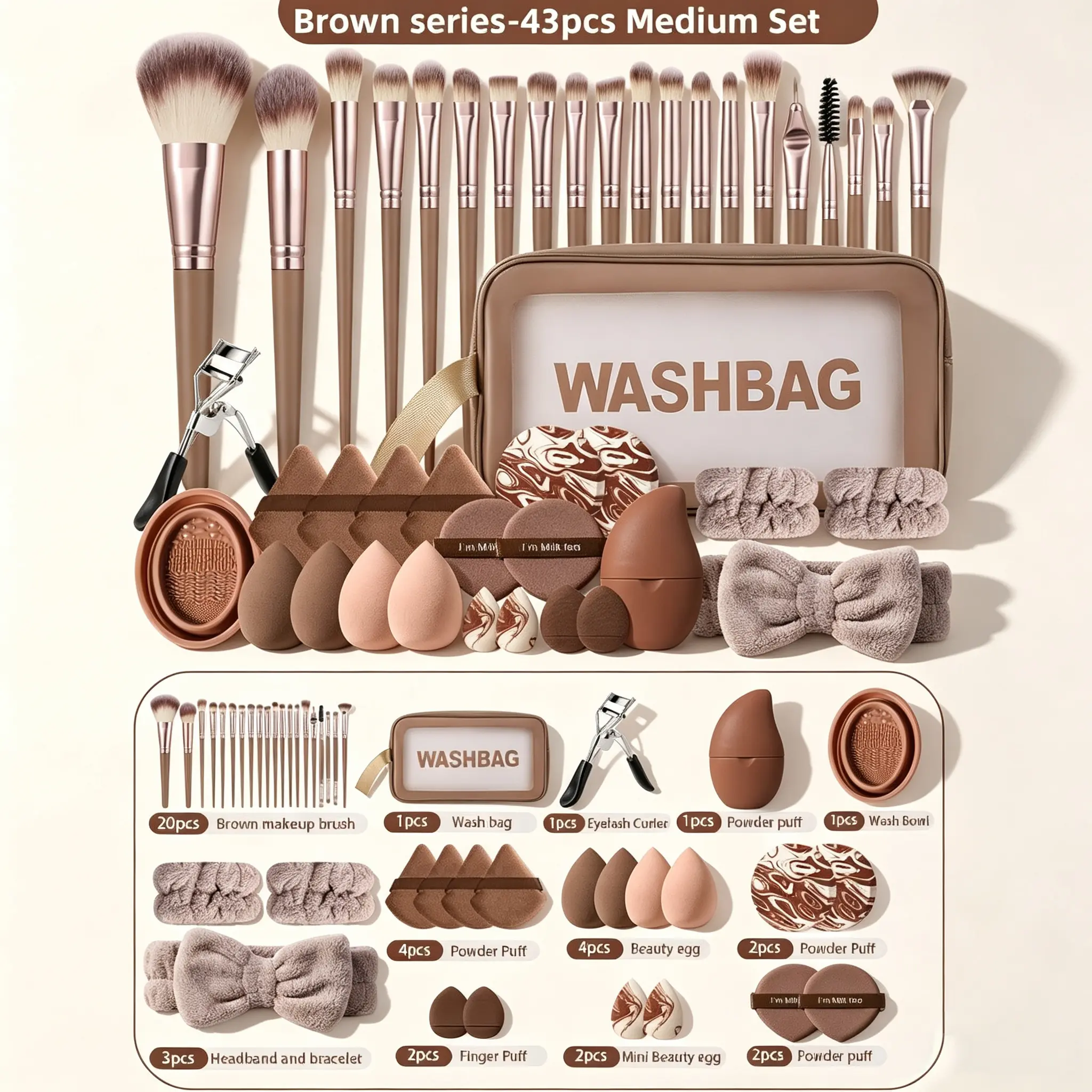 All-in-One 43-Piece Makeup Brush Set with Storage Bag, Beauty Sponges, Triangle & Air Cushion Powder Puffs, Hairband, Eyelash Curler, Facial Ice Compress, Silicone Brush Cleaning Pad & Bowl, Complete Travel Kit for Daily Use & Gifting