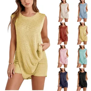 Tanming Women's Summer to Fall Knit Sweater Set Sleeveless Tunic Top Matching Shorts 2 Piece Outfits Trendy Beach Vacation Set Crew Neck Slim Fit Casual Wear