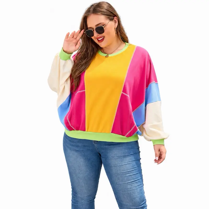 Women's Rose Red Plus Size Colorblock Patchwork Exposed Seam Crewneck Plush Casual Pullover Sweatshirt, Women's Tops