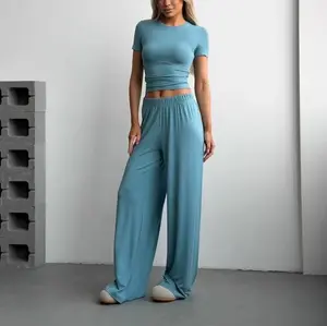 Women's knitted short-sleeved T-shirt wide-leg trousers suit two-piece casual suit home clothes