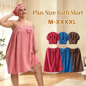 Women's 2-Piece Plus Size Bath Wrap Set, Adjustable Skirt, Waterproof Shower Cap, Thick Spa Towel, Fits M-XXXXL