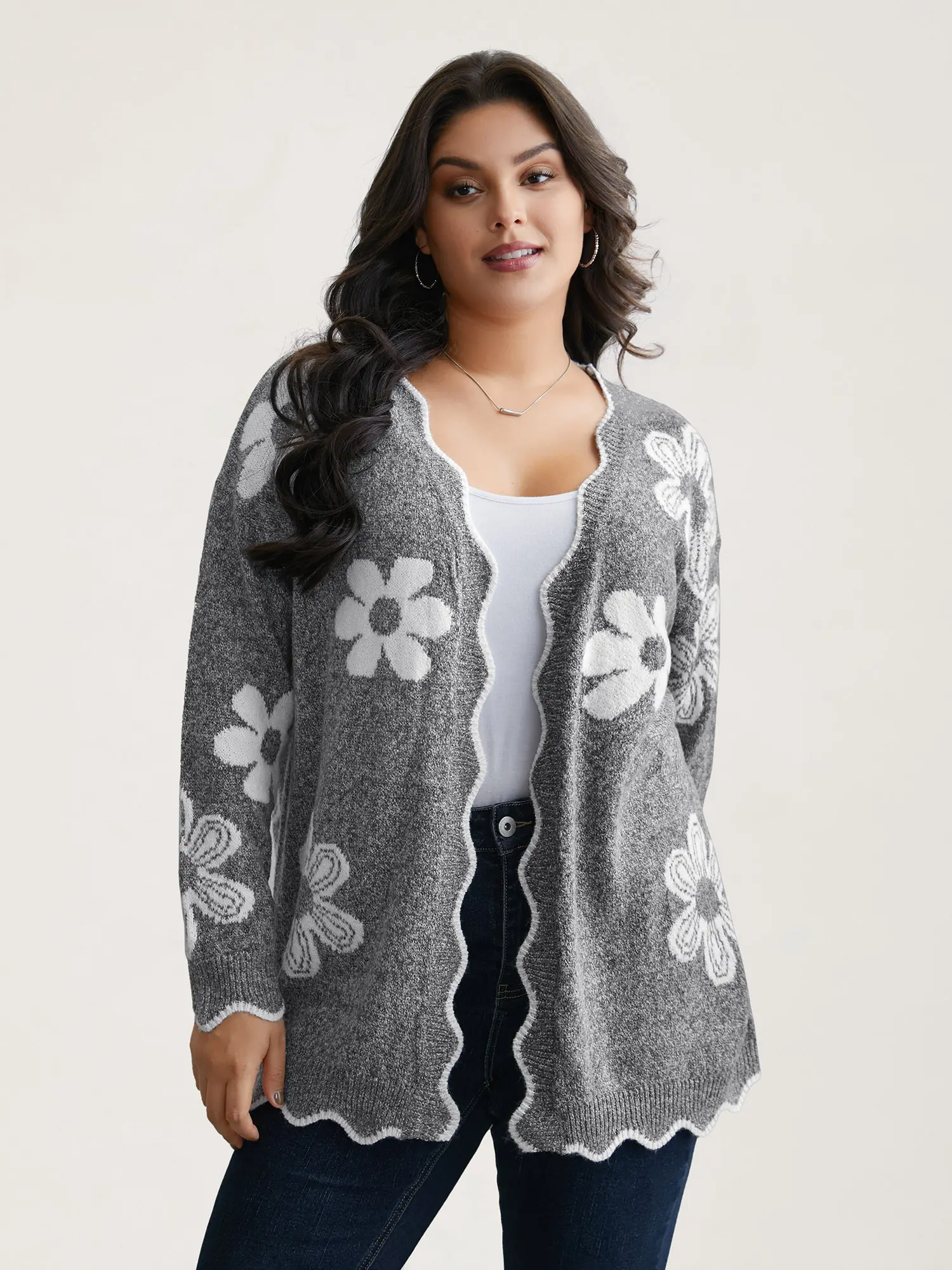 BloomChic Women's Floral Print Knitted Cardigan - Long Sleeve, Kimono Collar, Drop Shoulder, Open-Front, Loose Cut Polyester Fashion Casual Top, Fall/Winter Dark Gray/Black Drop Shoulder Pullover, Casual Women's Knitwear,summerwins Womenswear,Summerfinds