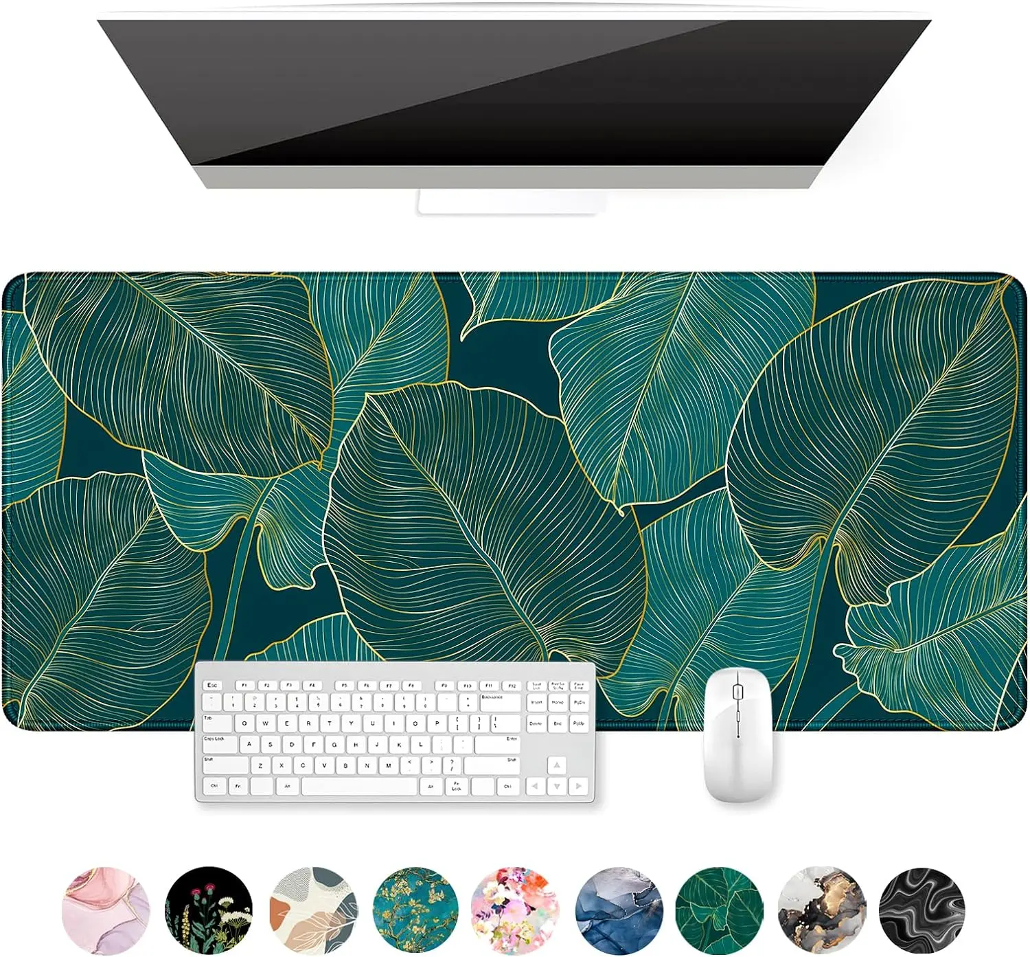 Auhoahsil Desk Mat, Ultra Large Mouse Pad, XXL Gaming Mousepad, Green Tropical Leaves Deskpad, Big Extended Full Size Mouse Pad, Desktop Desk Matt for Keyboard, Laptop & Computer, 35.5 X 15.7 In