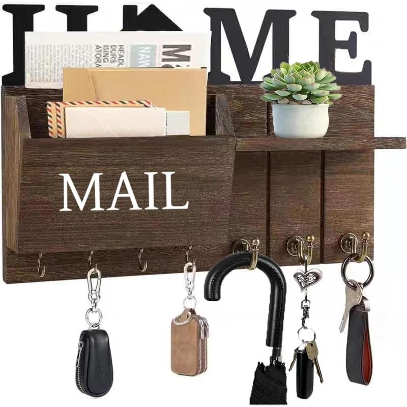 Key and Mail Holder for Wall, Rustic Wooden Mail Organizer with Shelf and 7 Hooks, Space Saving Farmhouse Entry Way Key Rack for Coat,  Leash, Home Accessories (Brown)