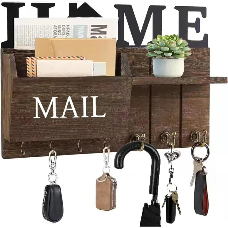 Key and Mail Holder for Wall, Rustic Wooden Mail Organizer with Shelf and 7 Hooks, Space Saving Farmhouse Entry Way Key Rack for Coat,  Leash, Home Accessories (Brown)