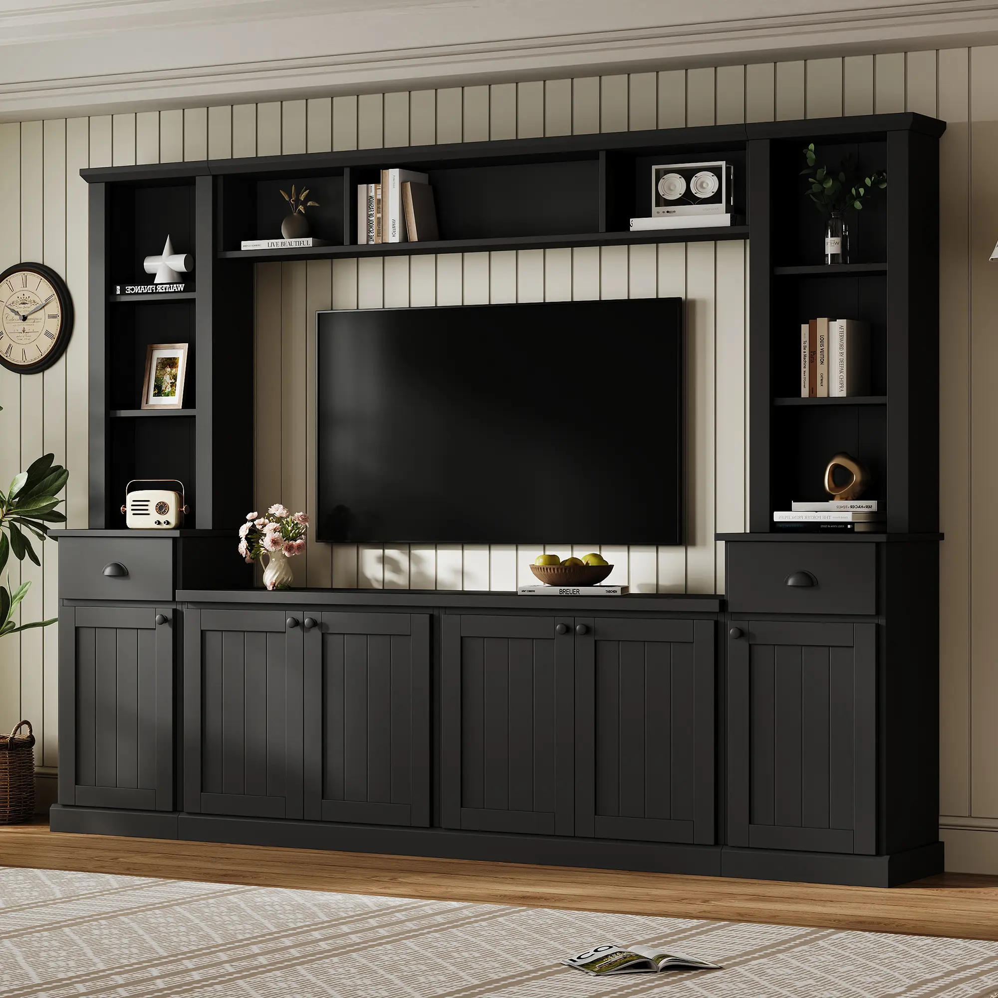 Entertainment Wall Unit Set with Bridge for TVs Up to 75'' - Large Media Console TV Stand with Adjustable Shelves, Bookcase, Wine Rack, Display Cabinet Combo for Living Room, Black Particle Board