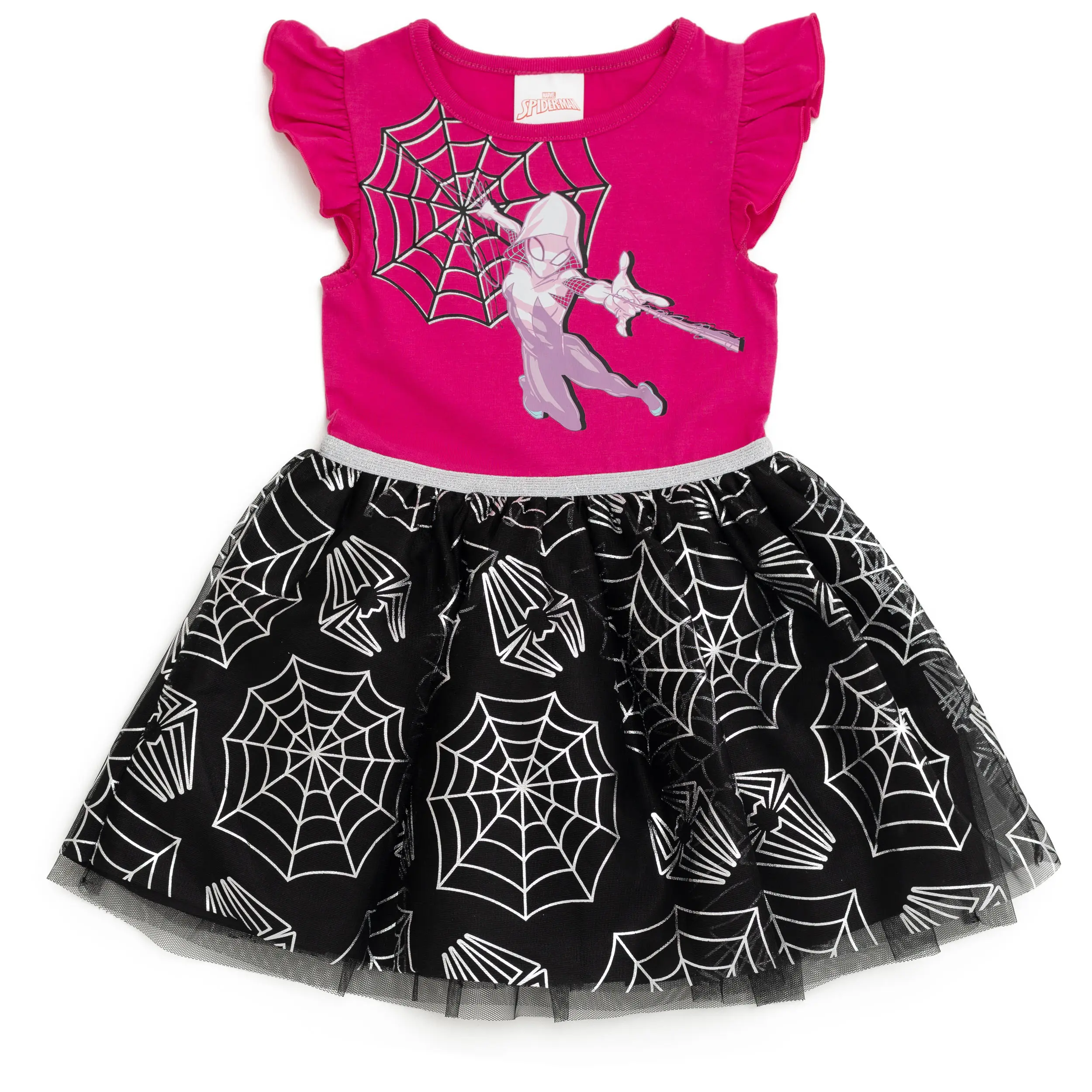 Marvel Spider-Verse Girls' Round Neck Ruffle Sleeve Foil Printed Tulle Dress, Ghost Fuchsia, Casual Wear for Toddler Fit & Big Kids with Playful Look