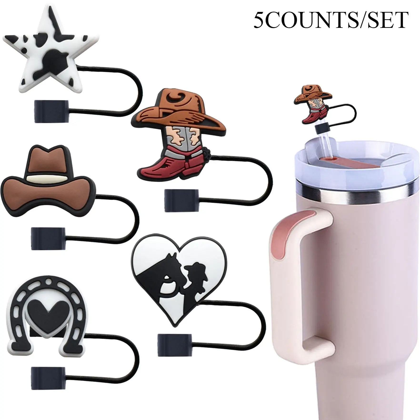 Cartoon Pattern Straw Cover Cap without Cup, 5 Counts Cute Cartoon Straw Tip Cover, Dust-proof Straw Tip Cover for Tumbler, Drinkware Accessories