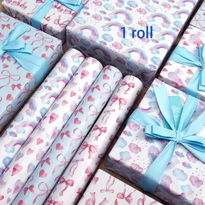 Birthday Series Copper Paper Roll, Theme Gift Wrapping Paper, Rainbow Heart Bow, Party Decor Paper, Floral Packaging Paper, Gift Wrapping Supplies, 43x300cm