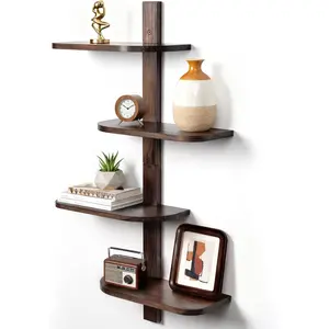 Afuly Mid Century Modern Decor Floating Shelves Walnut Display Shelf Wall Unit Solid Wood Decorative Shelving Home Decor Living Room Bedroom Coffee Bar Bathroom Plant Photo Set of 4