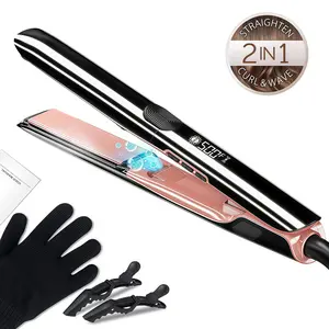 1 pc Hair Straightener 1 Inch Flat Iron and Curler 2 in 1 Titanium Ceramic Ionic Dual Voltage Straightener with Heat-Resistant Silicone, for Less Frizz, Shinier & Smoother