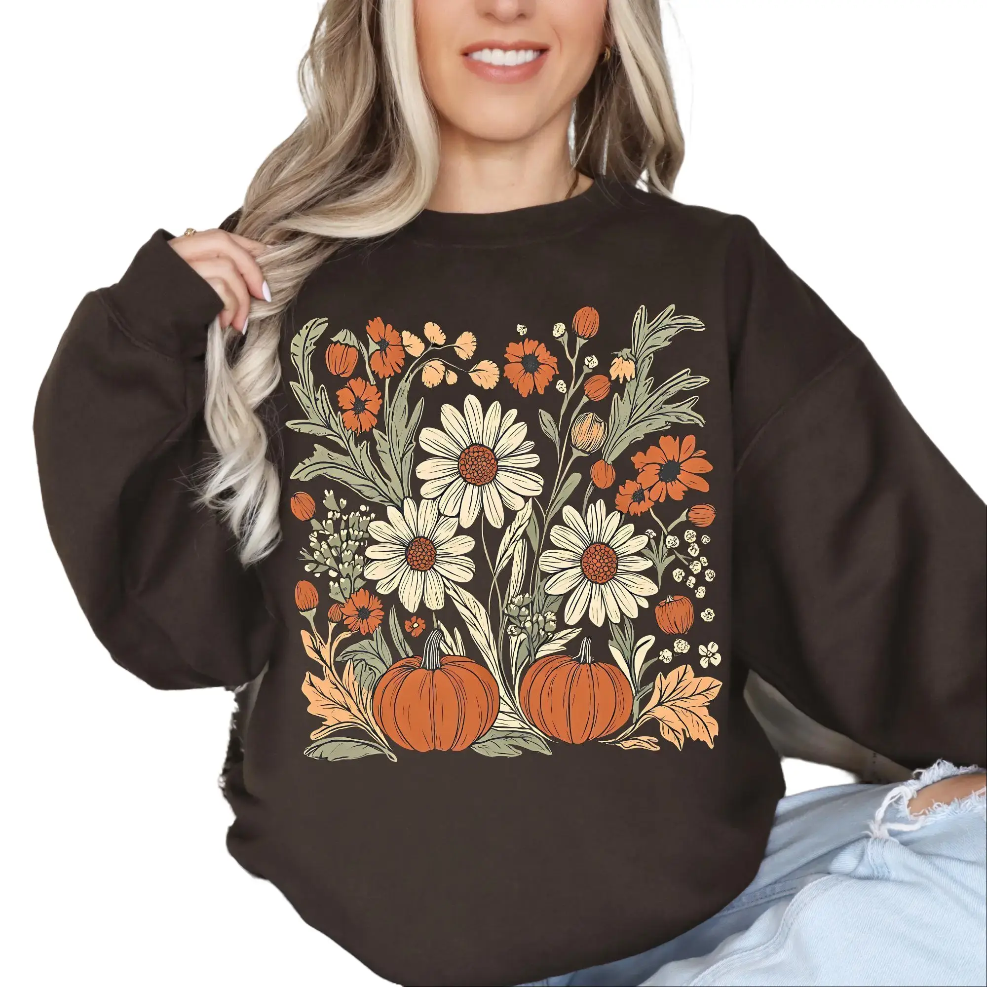 Boho Fall Floral Sweatshirt, Vintage Pumpkin Season Shirt Josh reppy Women's Halloween Sweatshirt, Boho Halloween Sweatshirt