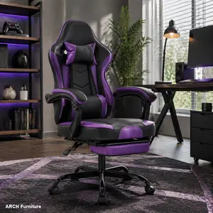 Ergonomic Gaming Chair for Adults, Black Purple, with Easetup, Linkage Arms, Massage Lumbar Support, Footrest, Height Adjustability, 360-Degree Swivel, 300lb Max Weight Capacity, Easysetup, Linkagearms
