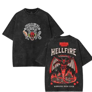 Stranger Things Season 5 Hellfire Club Double Sided Printed T Shirt Y2K Oversized Acid Washed Soft Heavyweight Cotton Short Sleeve Crewneck Unisex Streetwear Casual Daily Outfit Fashion Top Perfect Gift for Horror Movie Fans Pop Culture Merch Apparel