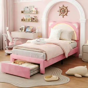 Pink Twin XL Size Bed Frame for Kids with LED Lights, Storage Drawers & Adjustable Headboard, Cute Bear Design, Soft Velvet Fabric, Solid Wood Slat Support, Noise-Free, Easy Assembly