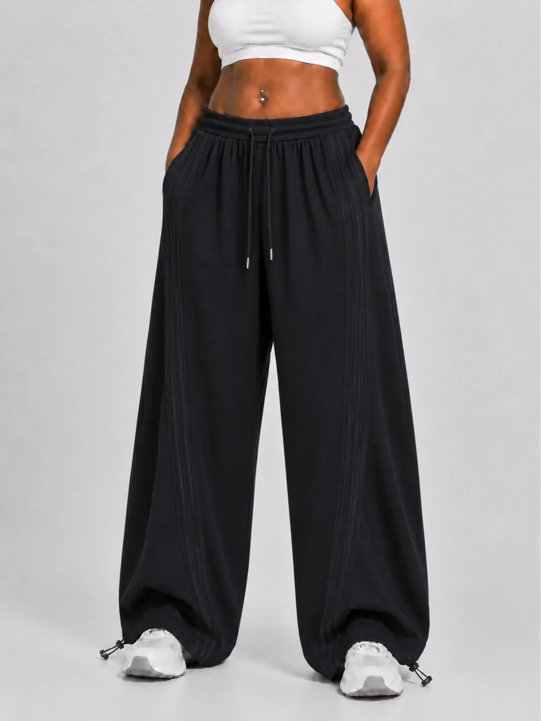 Flooo 2026 New Arrival Black American‑Style Side‑Striped Casual Pants for Women, Trendy Spliced Draping Wide‑Leg Sweatpants