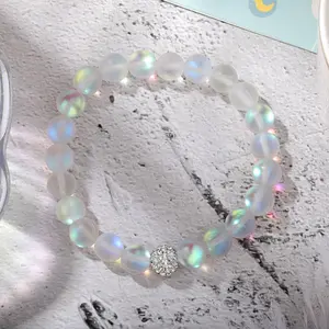 Aura Angel Quartz Stone Bracelet Rainbow Crystal Gemstone Stretch Bracelet Healing Spiritual Meditation Bracelet Anxiety Stress Relief