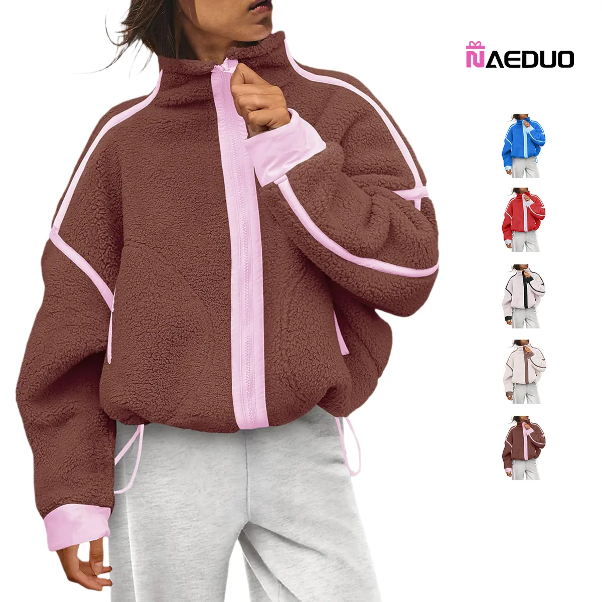 Naeduo Women's High Neck Fuzzy Sherpa Zip Up Jacket, Cropped Teddy Fleece Coat with Contrast Piping & Pockets, Retro Athletic Winter Outerwear, Casual Travel Outfits