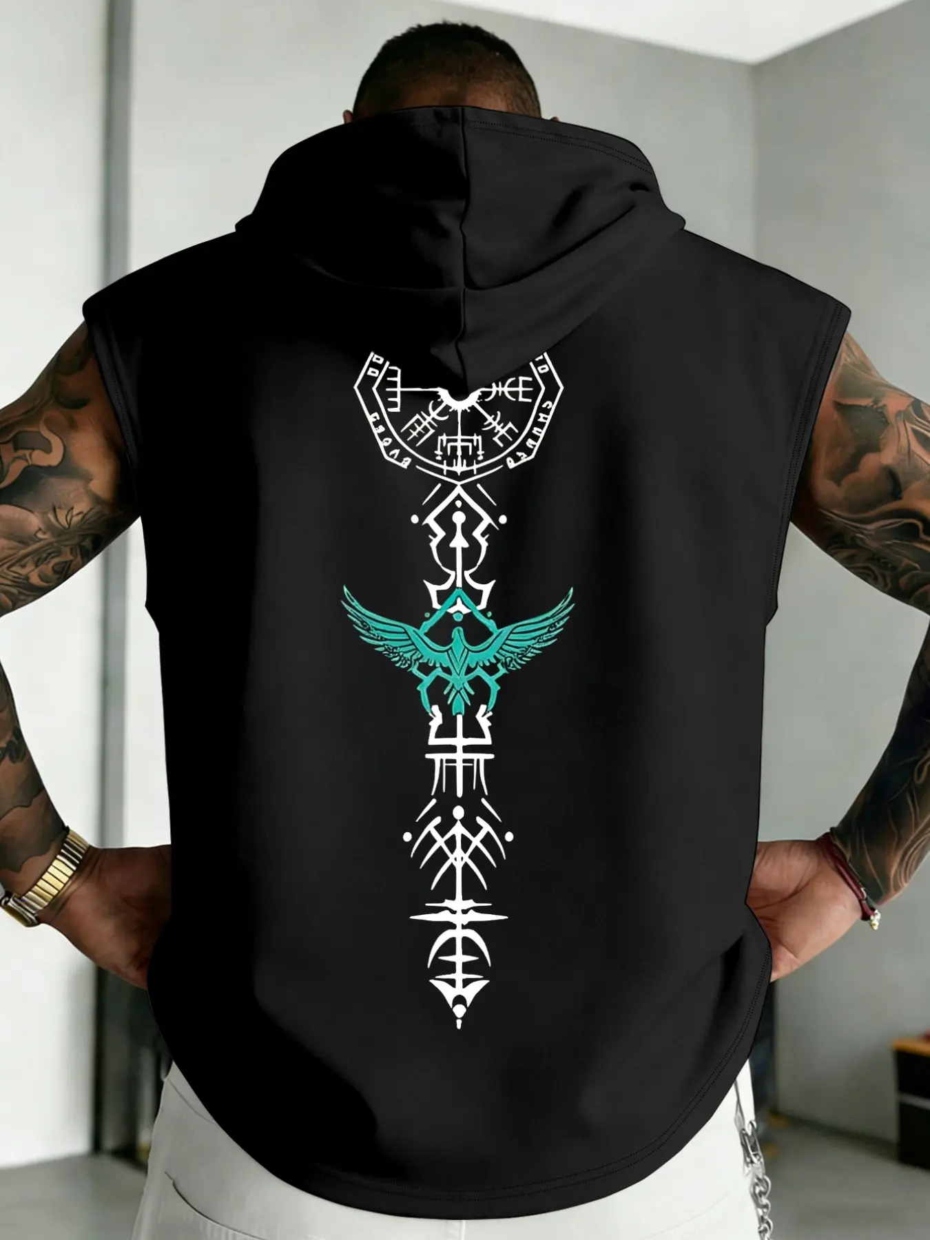 Men's Viking Rune Bird Print Sleeveless Hooded Vest, Loose Fit Breathable Summer Fitness Top, Streetwear Style for Men, Sleeveless Gym Tops, Sleeveless Sports Tops, Sleeveless Workout Vest, Sleeveless Vests, Workout Apparel