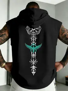 Men's Viking Rune Bird Print Sleeveless Hooded Vest, Loose Fit Breathable Summer Fitness Top, Streetwear Style for Men, Sleeveless Gym Tops, Sleeveless Sports Tops, Sleeveless Workout Vest, Sleeveless Vests, Workout Apparel
