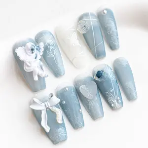 Handmade Press On Nail Coffin Charms Cute 3D Angel Design Acrylic Fake Nail