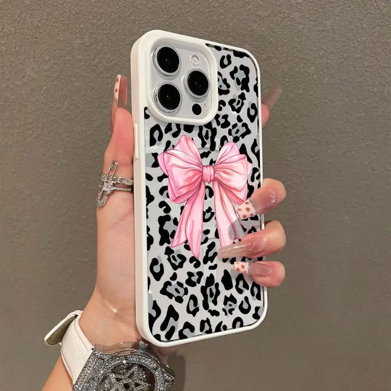 Leopard Print Pink Bow Pattern Premium Magnetic Phone Cases for iPhone 17 Pro Max Plus Air/16 15 14 Pro Max 13 12 11 Plus Smartphone Shockproof Protection  Cover Cellphone Protective magsafe magnetic case Aesthetic Resistance Casing Protector