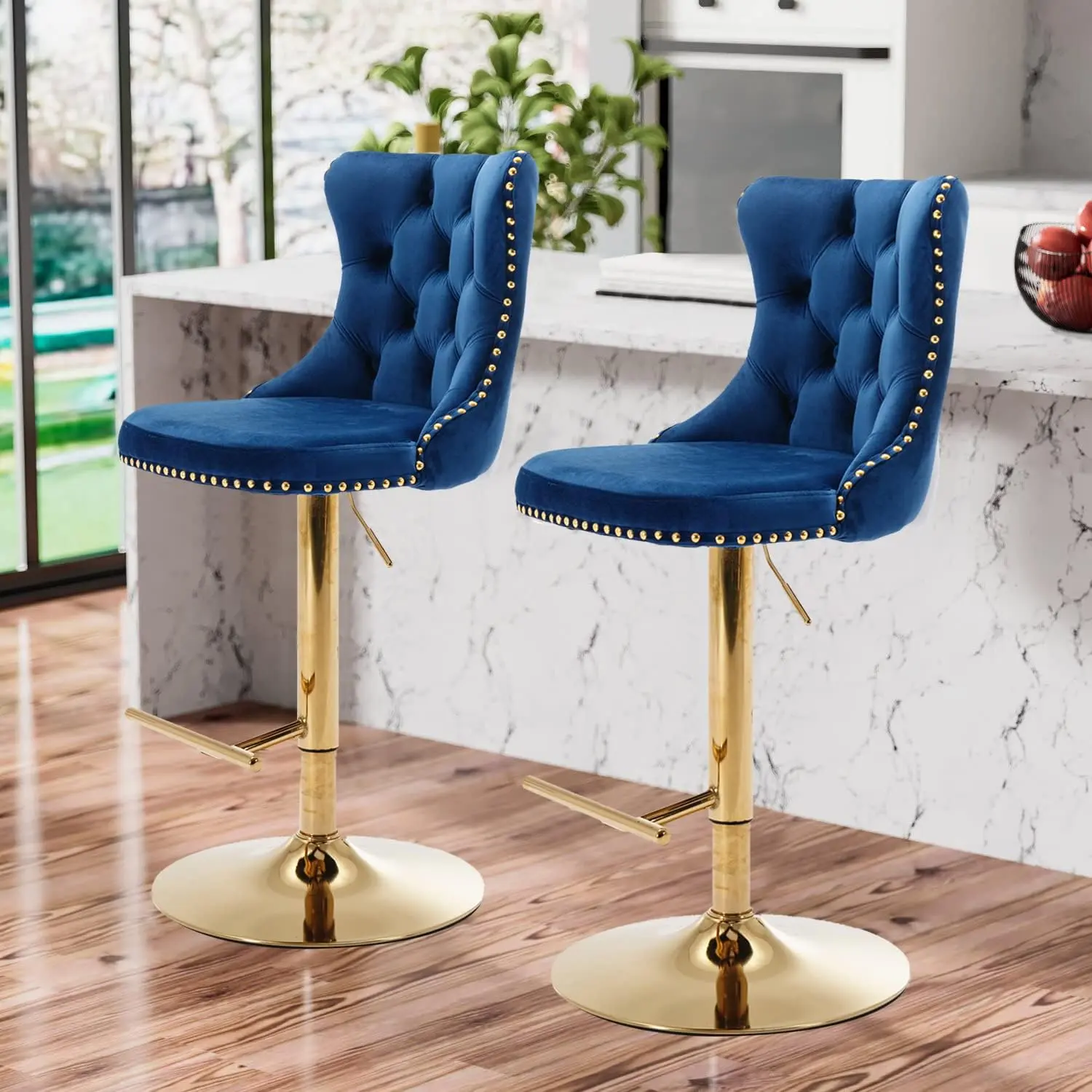 Sturdy Velvet Upholstered Swivel Counter Height Stools Set of 2, Adjustable with Nailhead Trim, Button Tufted Back and Golden Footrest, Chairs for Dining Room and Home Bar, Velvet Upholstery