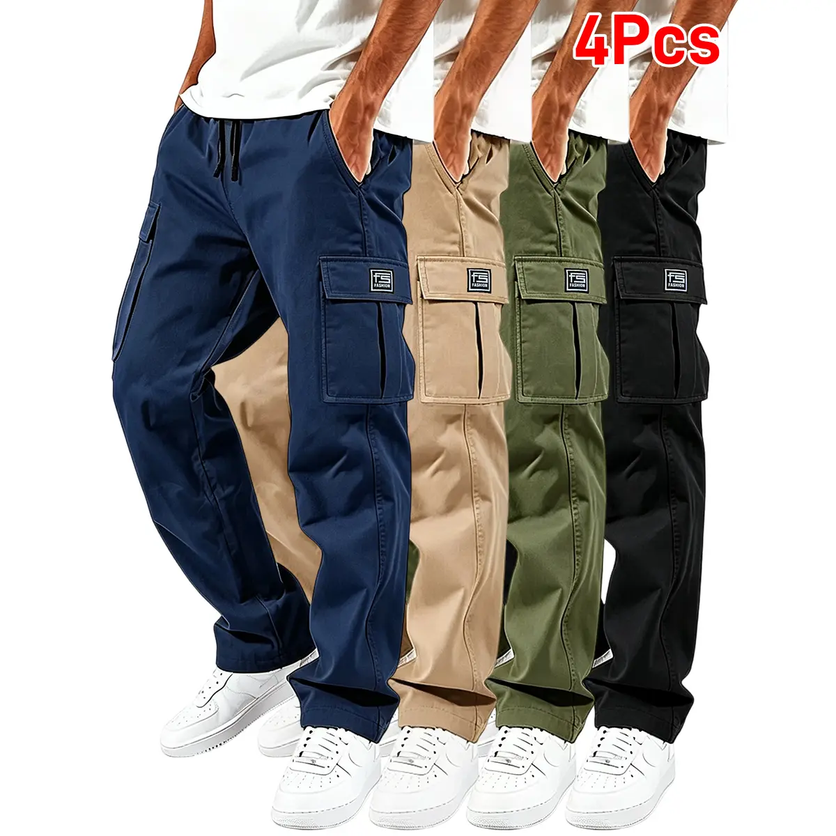 TOOTD Premium Men's Loose-Fit Polyester Cargo Trousers - Workwear, Minimalist Design, Comfortable Easy-Care, Slight Stretch, Stylish Plain Label Pants