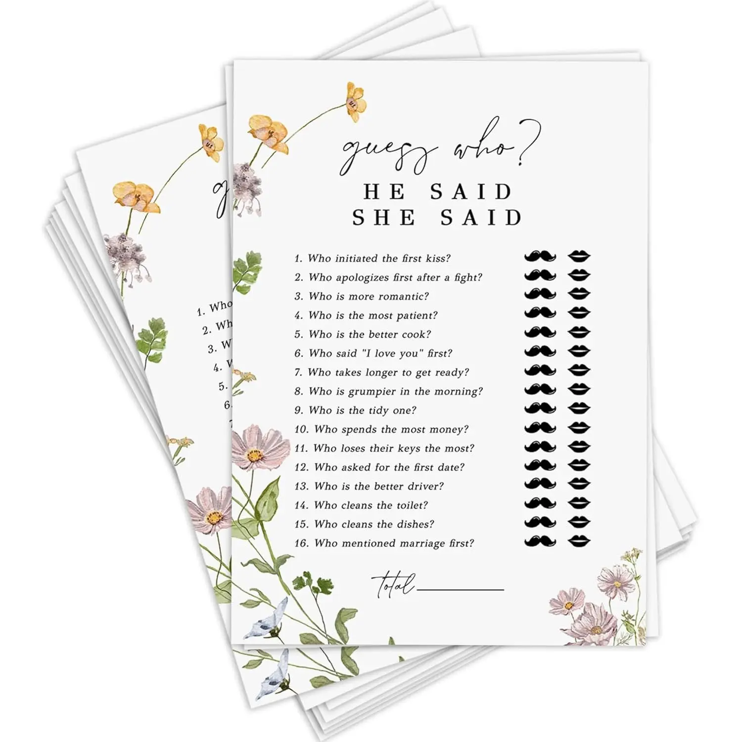 Bridal Shower Games, He Said She Said Bridal Shower Game for 10/20/50 Guests, 10/20/50 Cards, Wildflower Party