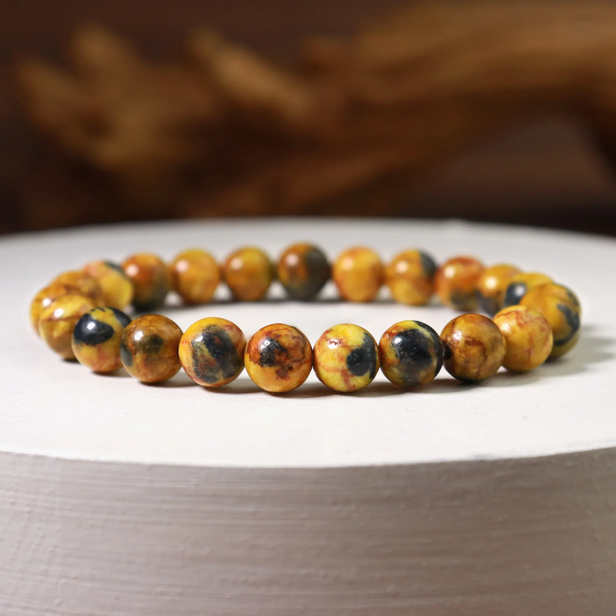 Natural Bumblebee Jasper Yellow Semiprecious Natural Crystal Stone Bracelet, 8mm Beaded Elastic Energy Healing Reiki Unisex Handmade Casual Bracelet, Stone Bracelets