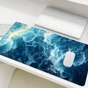 Blue Water Waves Pattern Mouse Pad, Large Gaming Mouse Pad, Non-Slip Rubber Base Stitched Edge Desk Pad for Laptop Desktop, Office Desk Accessories