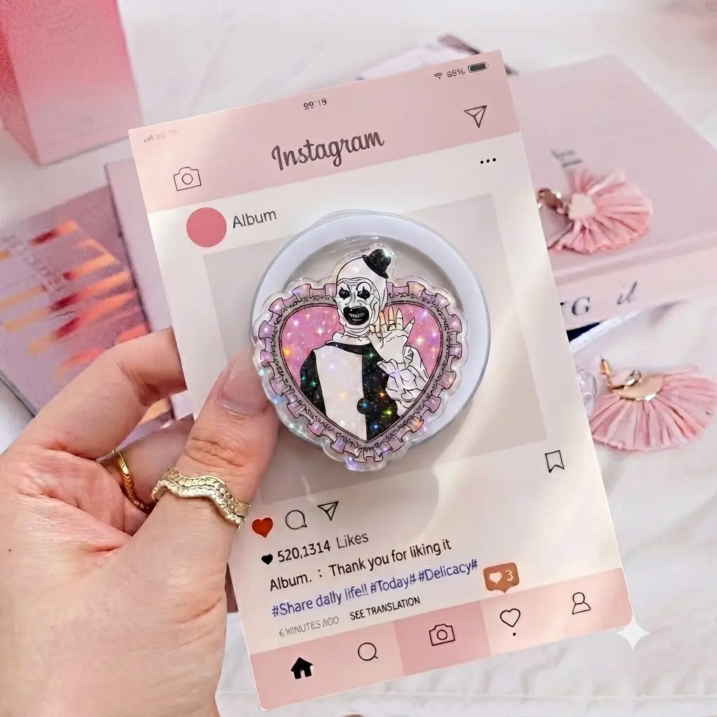 Spooky Aesthetic Clown Phone Grip - Decorative Heart Shaped Acrylic Stand for Trendy Mobile Device Decor and Grip