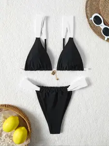 Two-Piece Set Women's Colorblock Bikini Set, Casual Fashion Chic Swimsuit Set for Beach Holiday Vacation, Ladies Swimwear for All Seasons, Triangle Bikini Top, Triangle Bathing Suit