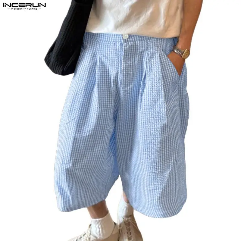 INCERUN Men's Baggy Gingham Pleated Casual Shorts - Resort Golf-Friendly Aristocratic Coastal Vacation Menswear, Beige And White Striped Textured Fabric Bottoms