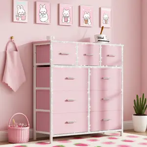 Pink Dresser with 9 Drawers, Dresser for Bedroom Drawer Organizer Storage Drawers, Fabric Storage Tower with 9 Drawers, Chest of Drawers with Steel Frame, Wood Top for Nursery, Living Room, Closet, Deals for You Days