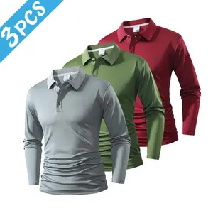 3-Pack long-sleeved POLO shirt, lapel simple men's casual top shirt set