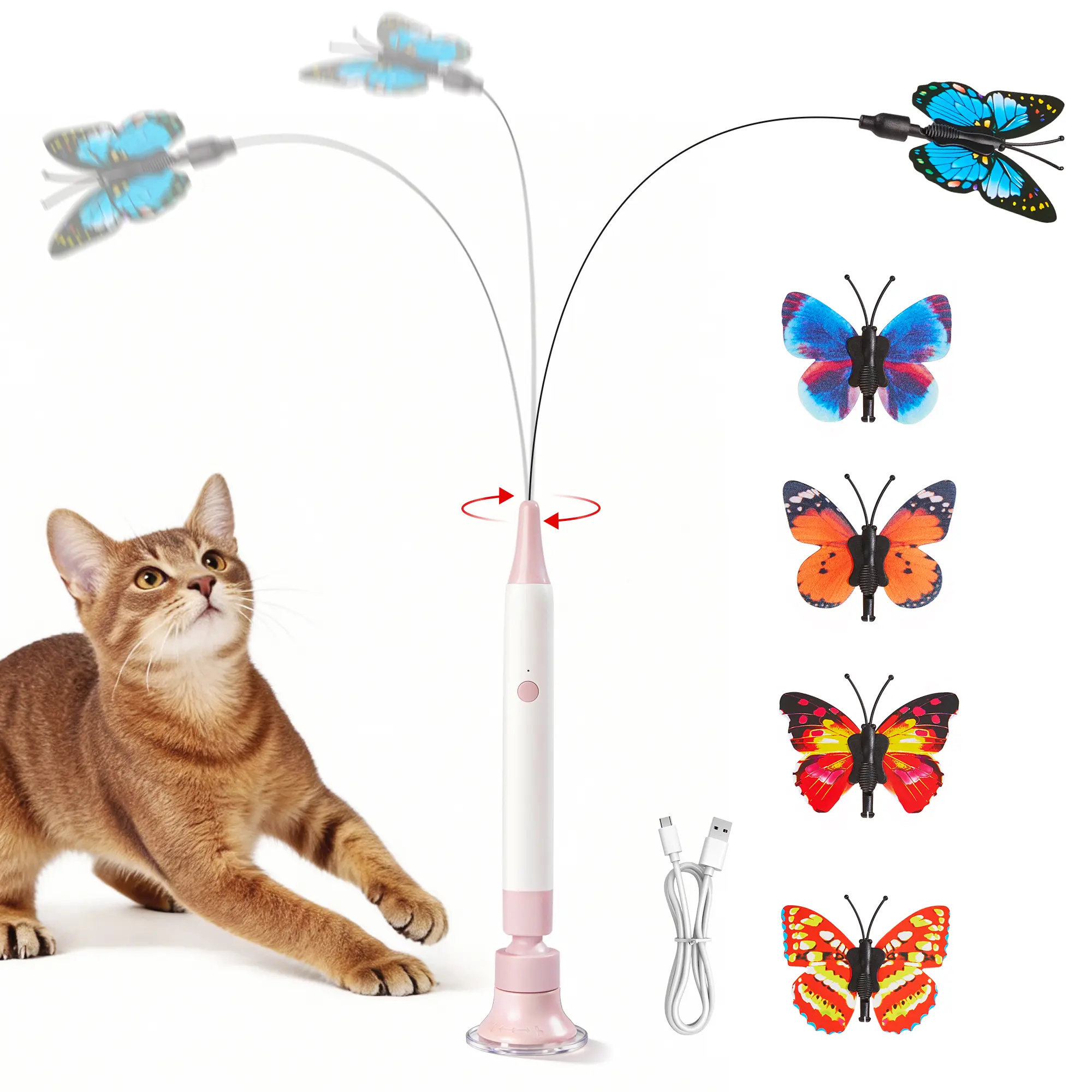 Potaroma Butterfly Shape Spinning Cat Interactive Toy - Rechargeable Electric Touch-Activated, Detachable Wand, Elastic Wire (Resists Bending), 360° Spin (Mimics Flutter), Suction Cup, Auto Play & Handheld Modes for Indoor Cats