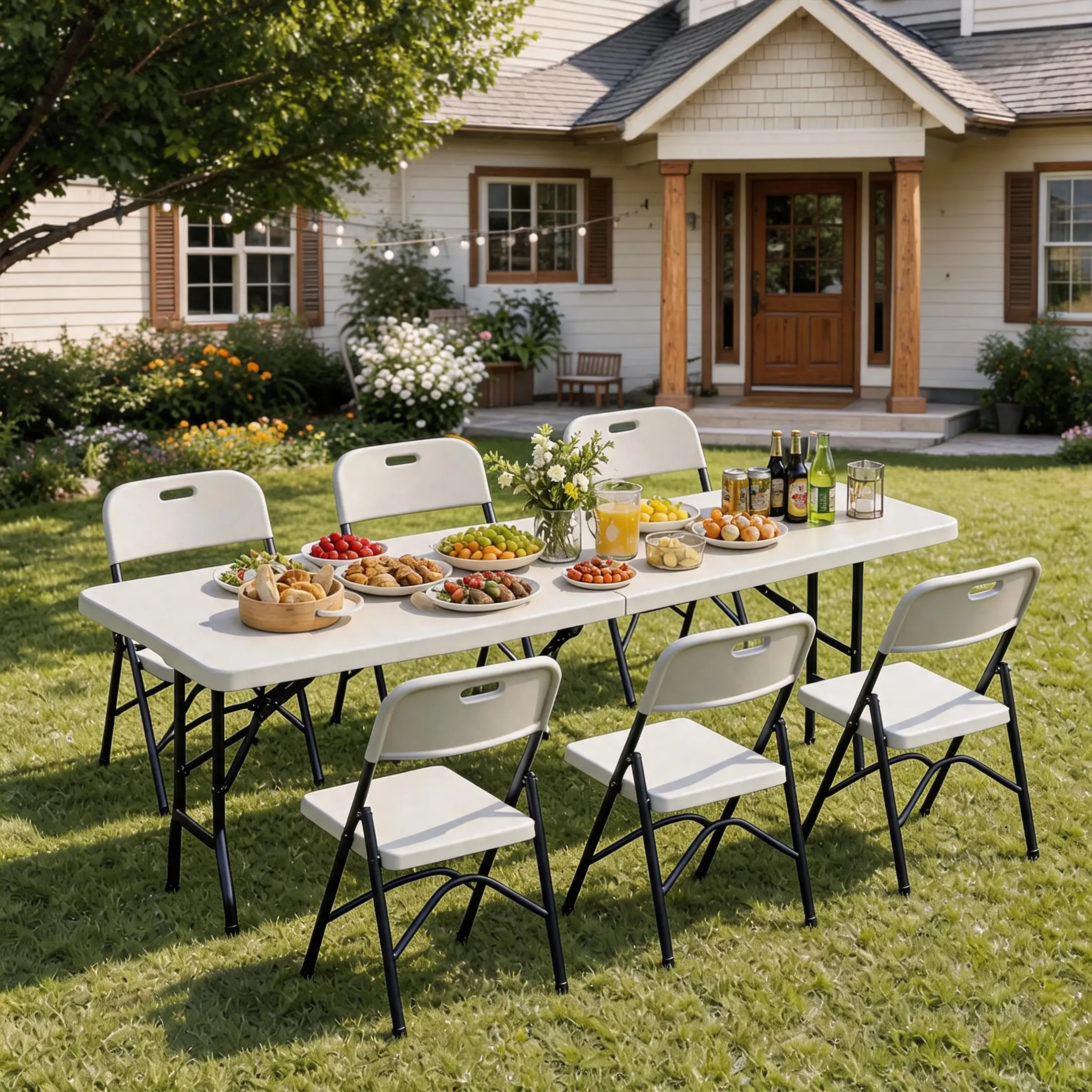 6ft Rectangular Heavy-Duty Plastic Utility Table, White Portable Half-Folding Table with Handle for Indoor & Outdoor Party Use, Foldable Set-Up