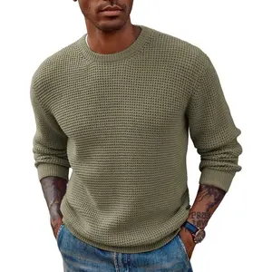 Mens Crewneck Pullover Sweater Waffle Textured Long Sleeve Knitted Sweaters Knitwear Menswear Tops Biker