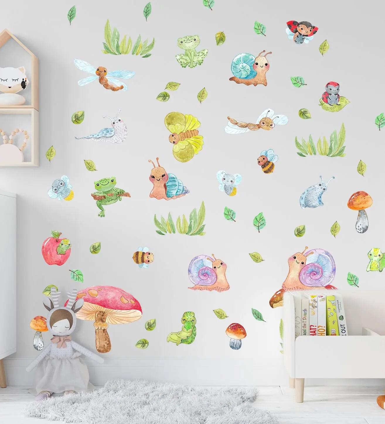 Bugs Wall Decals Butterfly Dragonfly Slug Snail Firefly Frog Bee Caterpillar Mushroom Watercolour Room Stickers, LF097