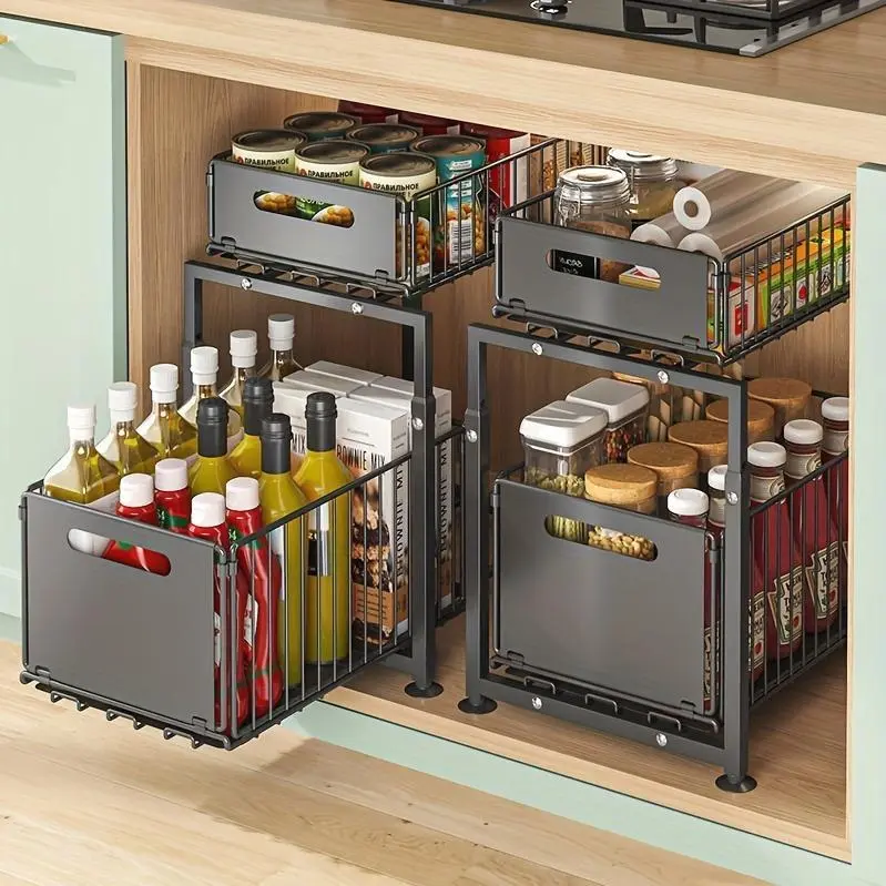 2-Tier Pull-Out Organizers, Space-Saving 2-Tier Under Sink Organizer with Adjustable Height, Sturdy Carbon Steel, Kitchen Storage Shelf, Space-Saving Cabinet Organizer, Kitchen Organizers And Storage