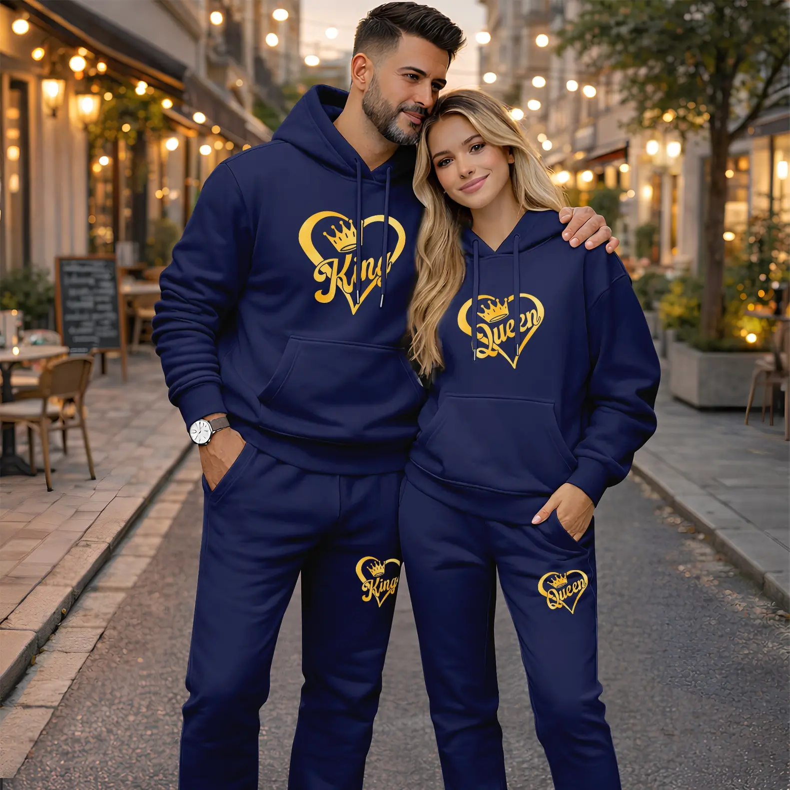 Men's 2-Piece Baggy Comfy Set - Long Sleeve Drawstring Hoodie, Sweatpants with King & Queen Heart Print, Polyester Autumn-Winter Casual Sportswear, Machine Washable, Oversized, Minimalist, Couple Outfits, Comfy Sets, Loose