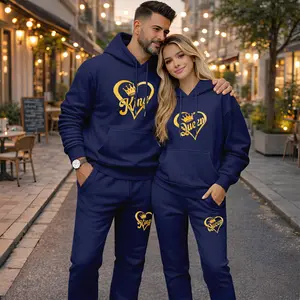 Couple's “King” and “Queen” Heart Print Hoodie and Sweatpants Set, Casual Sportswear, Long-Sleeve Hooded Jacket and Pants, Suitable for Autumn, Winter, and Spring, Everyday Wear, Tracksuit
